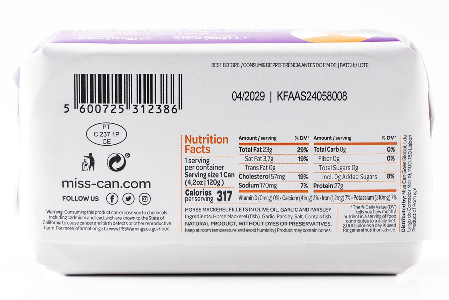 Miss Can Horse Mackerel Fillets
in Olive Oil, Garlic and Parsley - Can Back