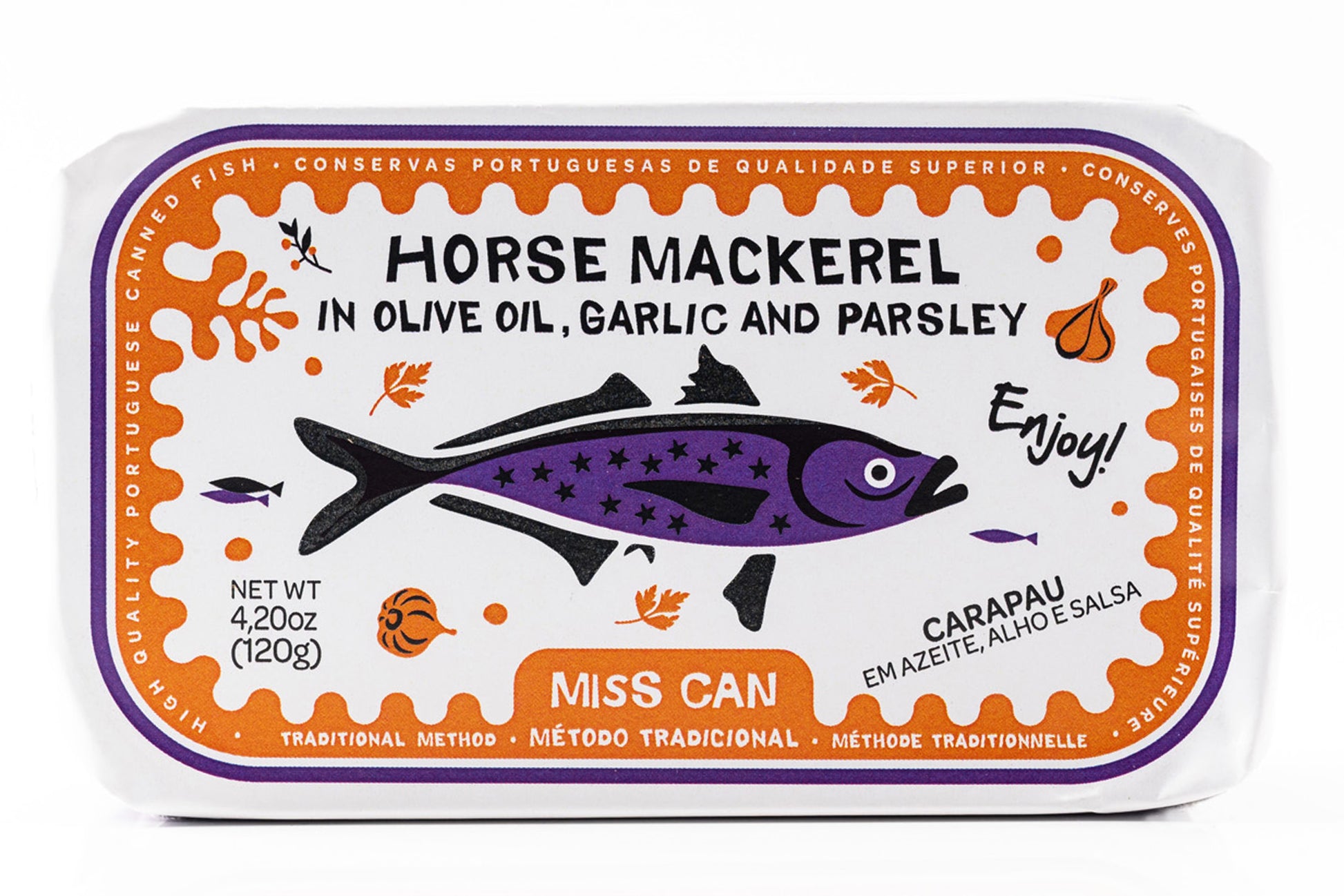 Miss Can Horse Mackerel Fillets
in Olive Oil, Garlic and Parsley - Can Front