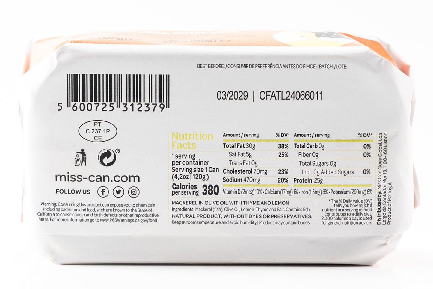 Miss Can Mackerel Fillets
with Thyme and Lemon - Can Back