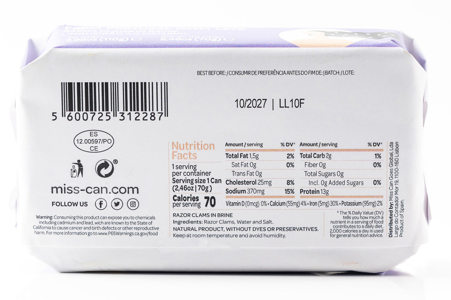 Miss Can Razor Clams in Brine - Can Back